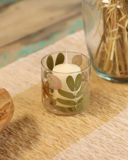 Natural Floral Glass Candle Holder with Pressed Leaves - Bee my Gift