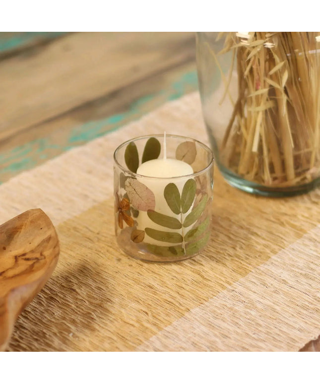 Natural Floral Glass Candle Holder with Pressed Leaves - Bee my Gift