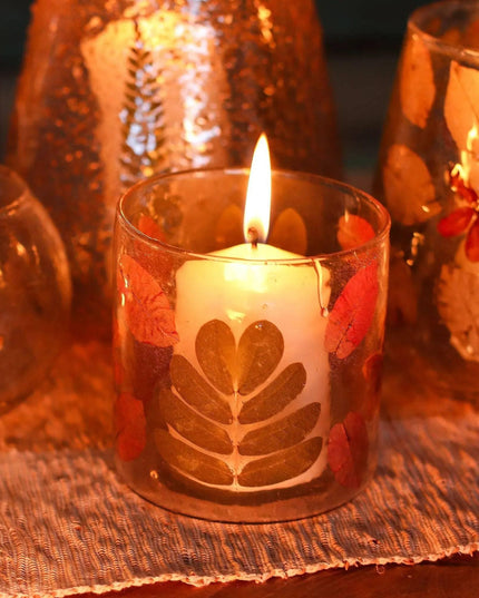 Natural Floral Glass Candle Holder with Pressed Leaves - Bee my Gift