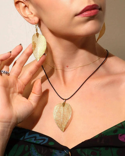 Necklace & Earring Set - Bravery Leaf - Gold - Bee my Gift
