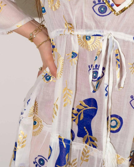 Nomad Sari Evil Eye Dress – White, Blue & Gold – Size M/L - Bee my Gift
