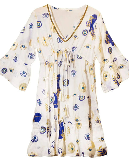 Nomad Sari Evil Eye Dress – White, Blue & Gold – Size M/L - Bee my Gift