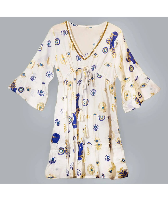 Nomad Sari Evil Eye Dress – White, Blue & Gold – Size M/L - Bee my Gift