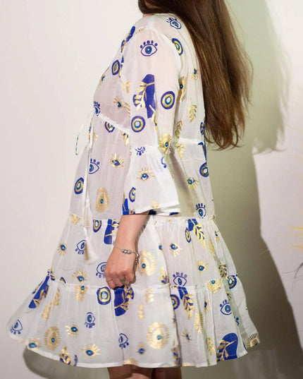 Nomad Sari Evil Eye Dress – White, Blue & Gold – Size M/L - Bee my Gift