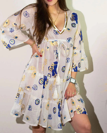 Nomad Sari Evil Eye Dress – White, Blue & Gold – Size M/L - Bee my Gift