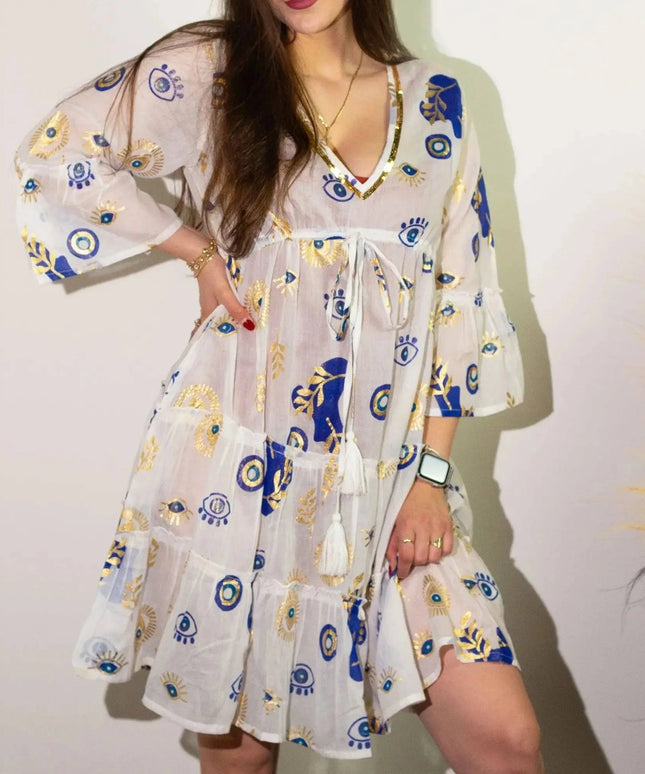 Nomad Sari Evil Eye Dress – White, Blue & Gold – Size M/L - Bee my Gift
