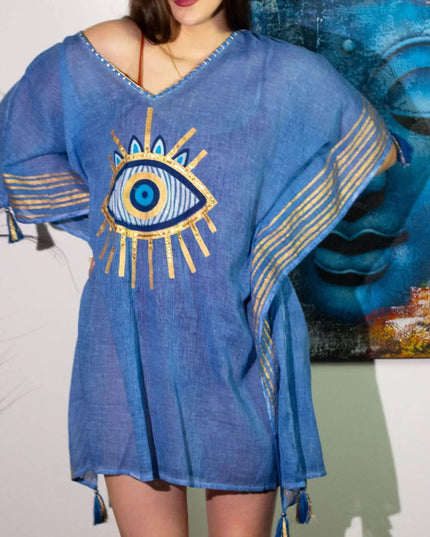 Nomad Sari Kaftan – Rich Blue & Gold Evil Eye Print - Bee my Gift