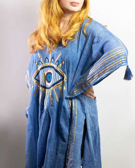 Nomad Sari Kaftan – Rich Blue & Gold Evil Eye Print - Bee my Gift