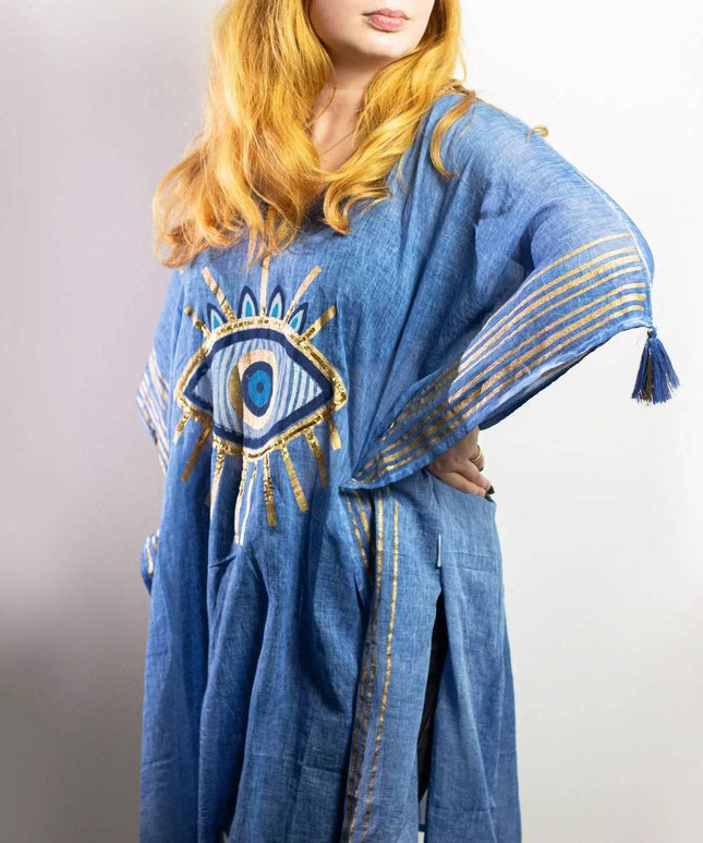 Nomad Sari Kaftan – Rich Blue & Gold Evil Eye Print - Bee my Gift