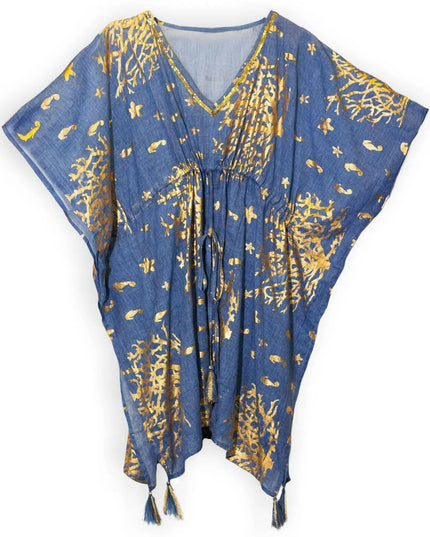 Nomad Sari Kaftan – Sea Blue with Gold Coral Print - Bee my Gift