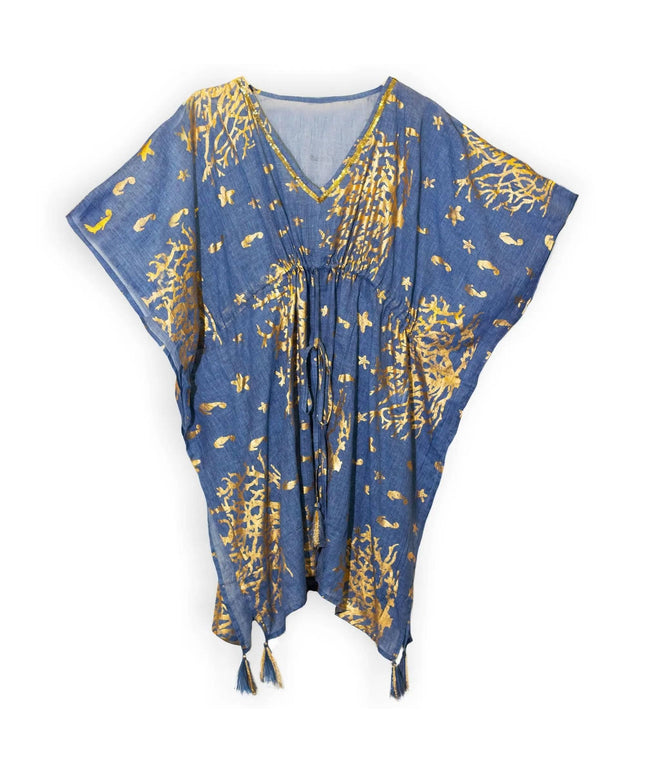 Nomad Sari Kaftan – Sea Blue with Gold Coral Print - Bee my Gift