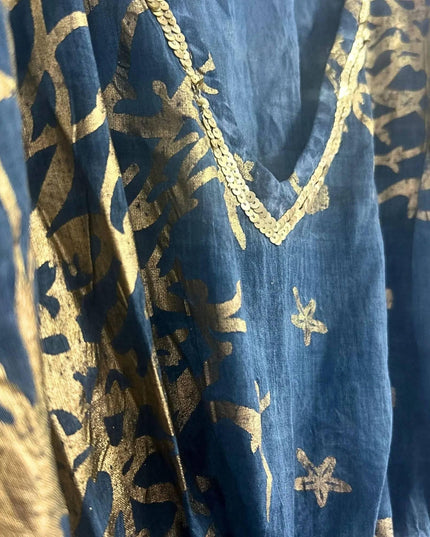 Nomad Sari Kaftan – Sea Blue with Gold Coral Print - Bee my Gift