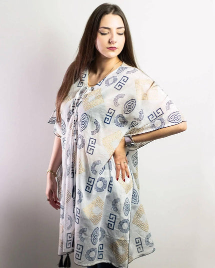 Nomad Sari On the Med Collection - Kaftan - Gold & Blue Greek Motiff - Handpainted - Bee my Gift