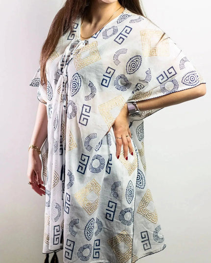 Nomad Sari On the Med Collection - Kaftan - Gold & Blue Greek Motiff - Handpainted - Bee my Gift