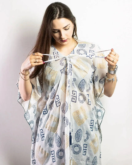 Nomad Sari On the Med Collection - Kaftan - Gold & Blue Greek Motiff - Handpainted - Bee my Gift
