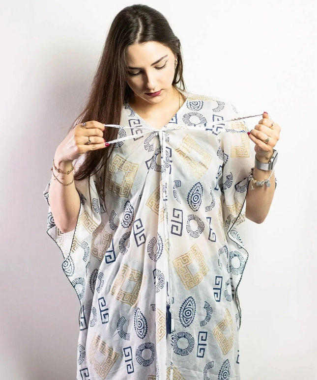 Nomad Sari On the Med Collection - Kaftan - Gold & Blue Greek Motiff - Handpainted - Bee my Gift