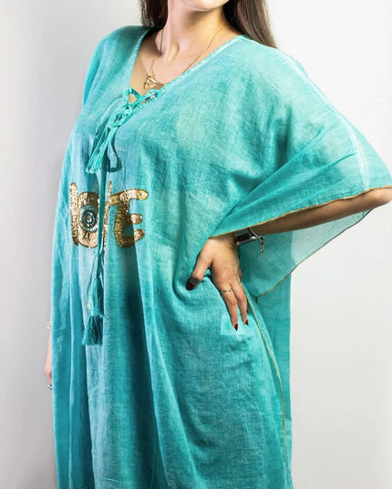 Nomad Sari On the Med Collection - Kaftan - Turquoise & Gold Love Design - Bee my Gift
