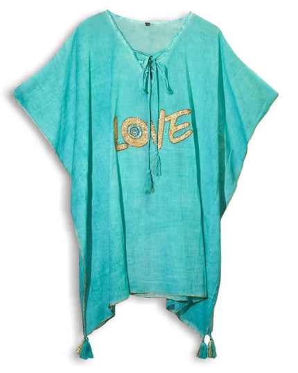 Nomad Sari On the Med Collection - Kaftan - Turquoise & Gold Love Design - Bee my Gift