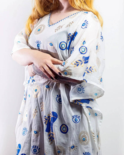 Nomad Sari On the Med Collection - Kaftan - White , Blue & Gold Evil Eye Design - Bee my Gift