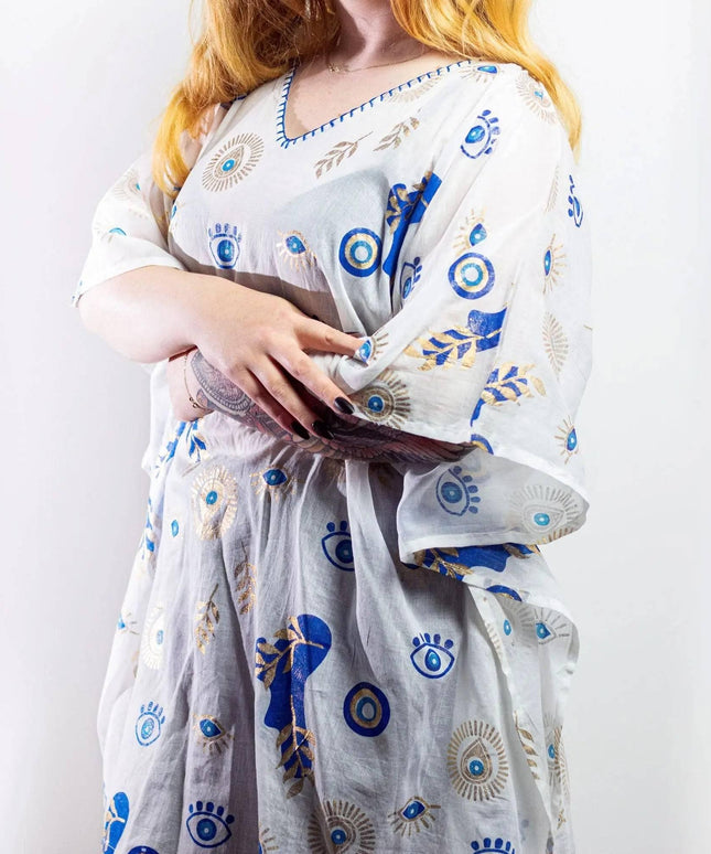 Nomad Sari On the Med Collection - Kaftan - White , Blue & Gold Evil Eye Design - Bee my Gift