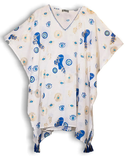Nomad Sari On the Med Collection - Kaftan - White , Blue & Gold Evil Eye Design - Bee my Gift