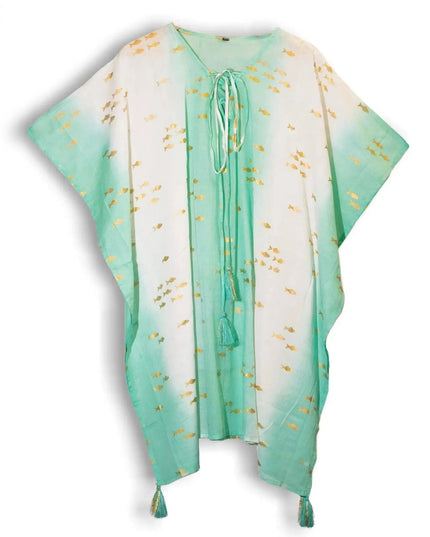 Nomad Sari On the Med Collection - Kaftan - White & Turquoise & Gold Fish Design - Bee my Gift
