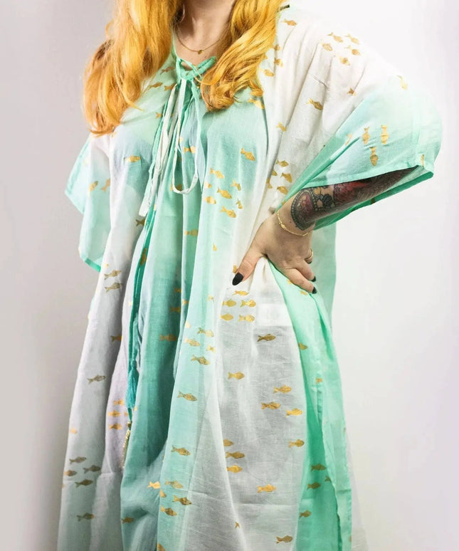 Nomad Sari On the Med Collection - Kaftan - White & Turquoise & Gold Fish Design - Bee my Gift