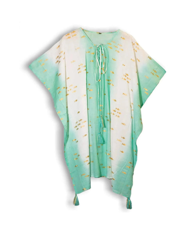 Nomad Sari On the Med Collection - Kaftan - White & Turquoise & Gold Fish Design - Bee my Gift