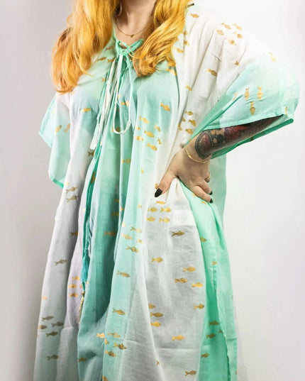 Nomad Sari On the Med Collection - Kaftan - White & Turquoise & Gold Fish Design - Bee my Gift