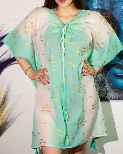 Nomad Sari On the Med Collection - Kaftan - White & Turquoise & Gold Fish Design - Bee my Gift