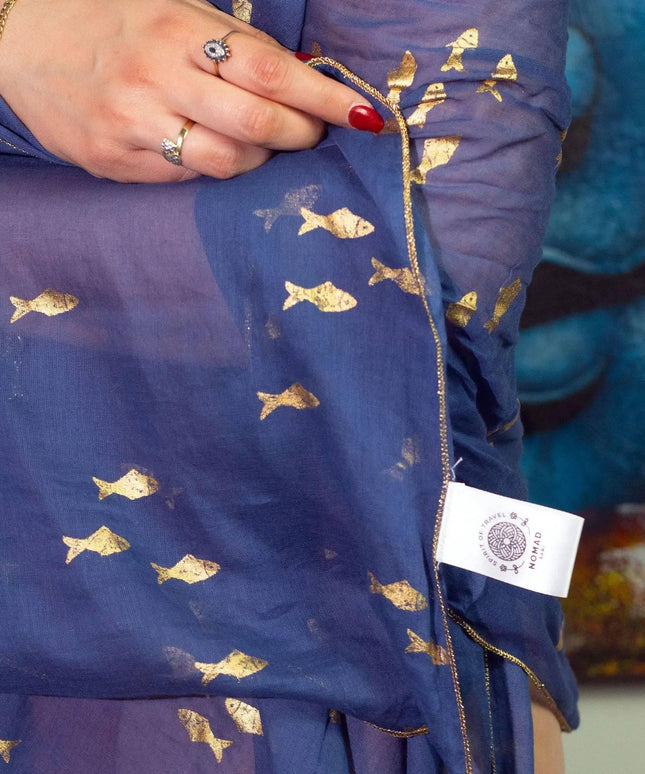 Nomad Sari On the Med Collection - Pario - Sea Blue & Gold Fish Design - Bee my Gift