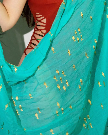 Nomad Sari On the Med Collection - Pario - Turquoise & Gold Fish Design - Bee my Gift