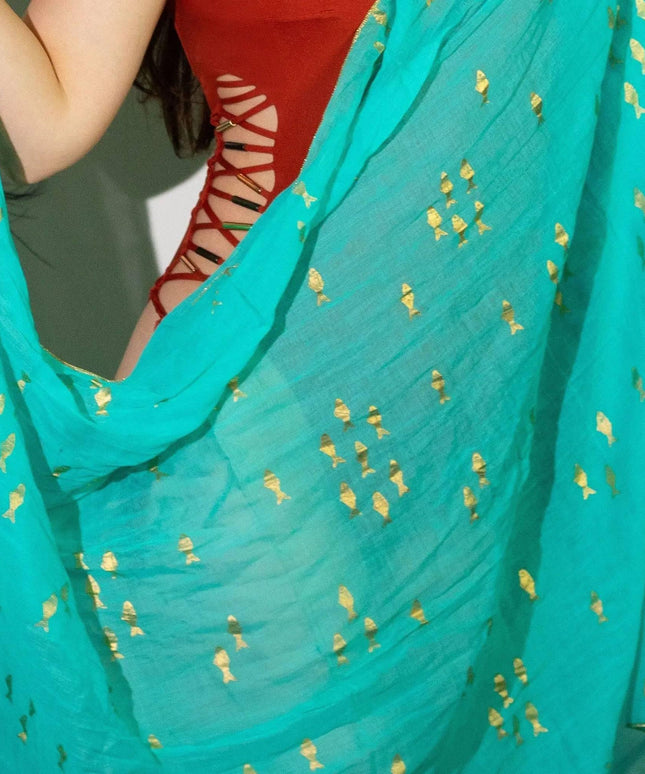 Nomad Sari On the Med Collection - Pario - Turquoise & Gold Fish Design - Bee my Gift