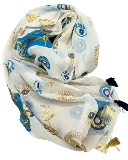 Nomad Sari On the Med Collection - Pario - White , Blue & Gold Evil Eye Design - Bee my Gift
