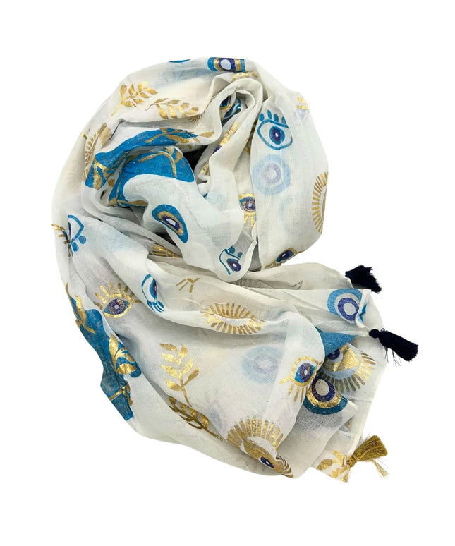 Nomad Sari On the Med Collection - Pario - White , Blue & Gold Evil Eye Design - Bee my Gift