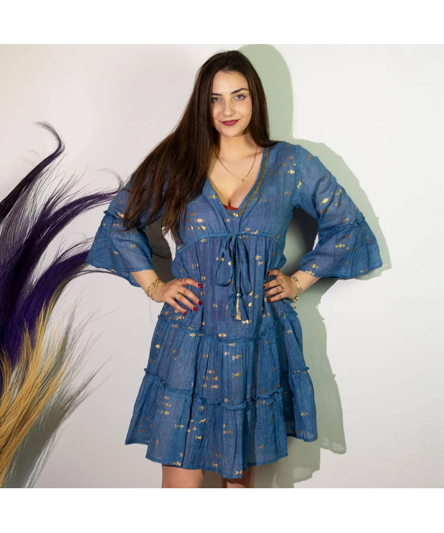 Nomad Sari On the Med Sea Blue & Gold Fish Print Dress (M/L) - Bee my Gift