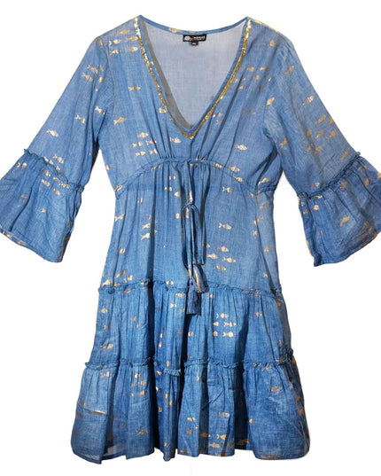 Nomad Sari On the Med Sea Blue & Gold Fish Print Dress (M/L) - Bee my Gift