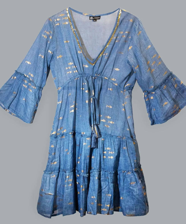 Nomad Sari On the Med Sea Blue & Gold Fish Print Dress (M/L) - Bee my Gift