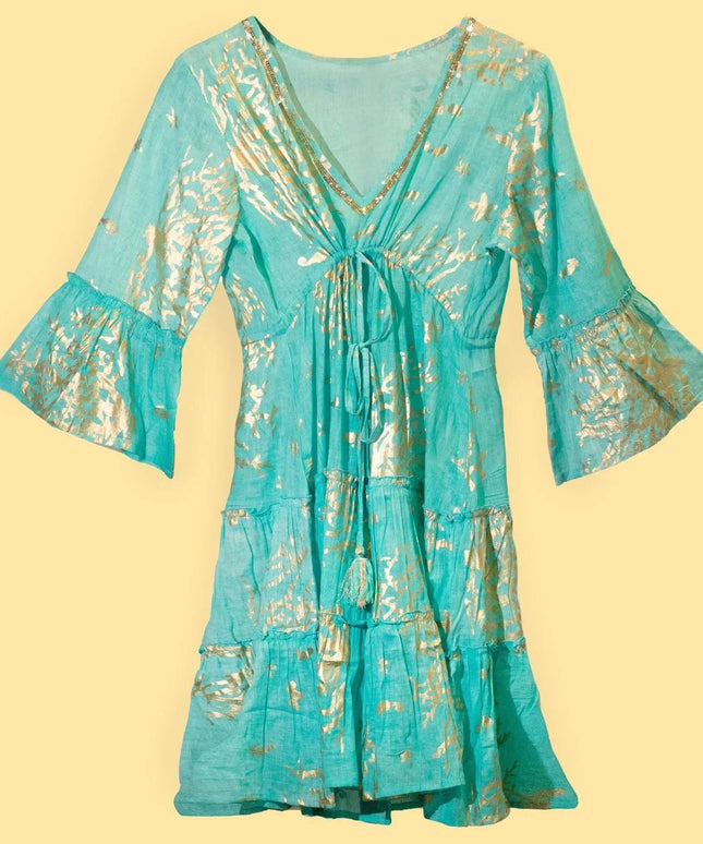 Nomad Sari On the Med Turquoise & Gold Coral Print Dress (M/L) - Bee my Gift