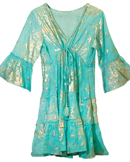Nomad Sari On the Med Turquoise & Gold Coral Print Dress (M/L) - Bee my Gift