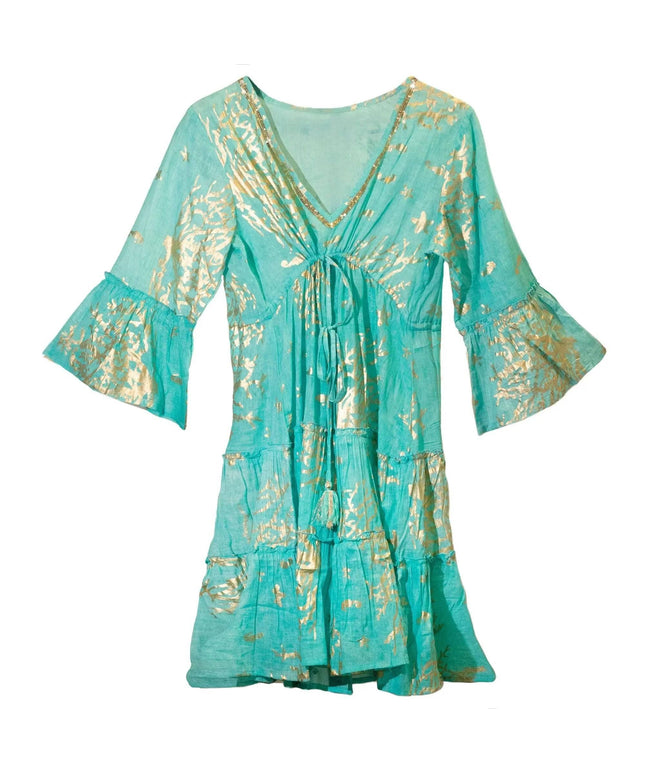 Nomad Sari On the Med Turquoise & Gold Coral Print Dress (M/L) - Bee my Gift