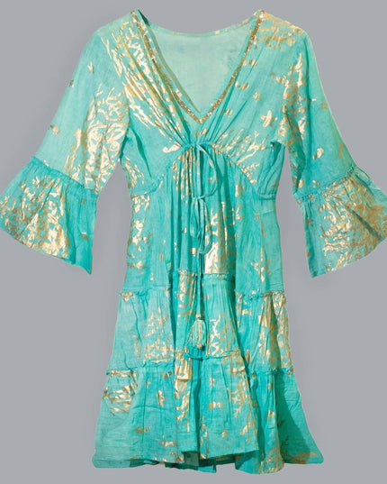Nomad Sari On the Med Turquoise & Gold Coral Print Dress (M/L) - Bee my Gift