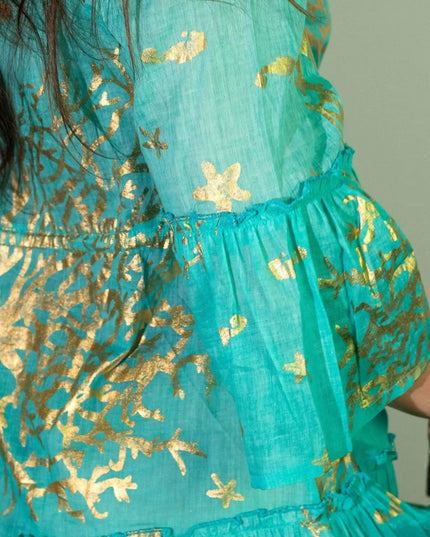 Nomad Sari On the Med Turquoise & Gold Coral Print Dress (M/L) - Bee my Gift