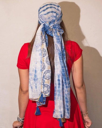Nomad Sari Summer Marbella Print Scarf - Blue with Gold (180x50cm) - Bee my Gift