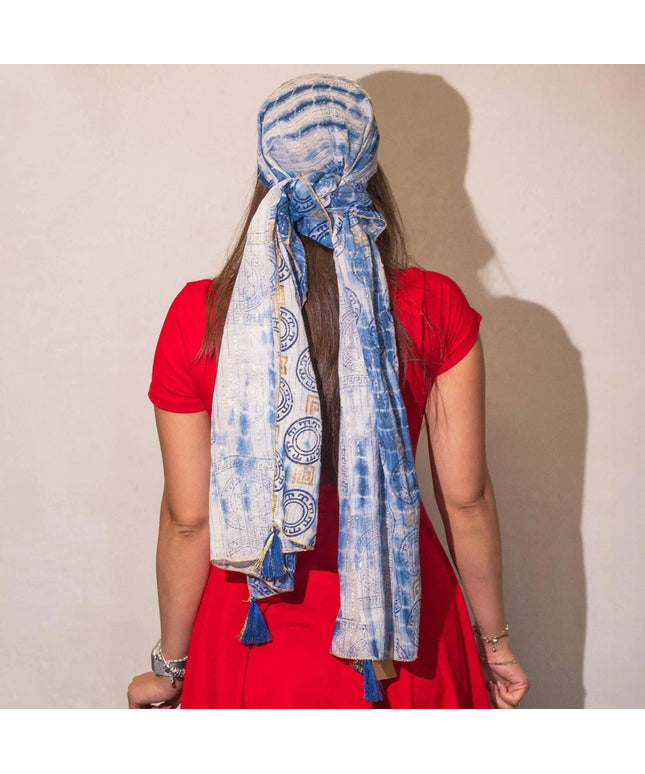Nomad Sari Summer Marbella Print Scarf - Blue with Gold (180x50cm) - Bee my Gift