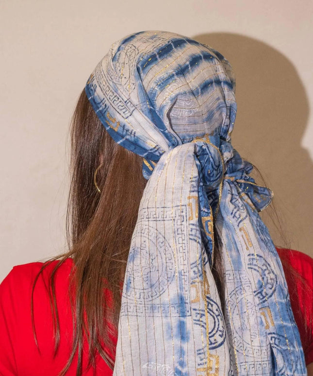 Nomad Sari Summer Marbella Print Scarf - Blue with Gold (180x50cm) - Bee my Gift