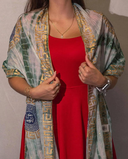 Nomad Sari Summer Marbella Print Scarf - Green with Gold (180x50cm) - Bee my Gift