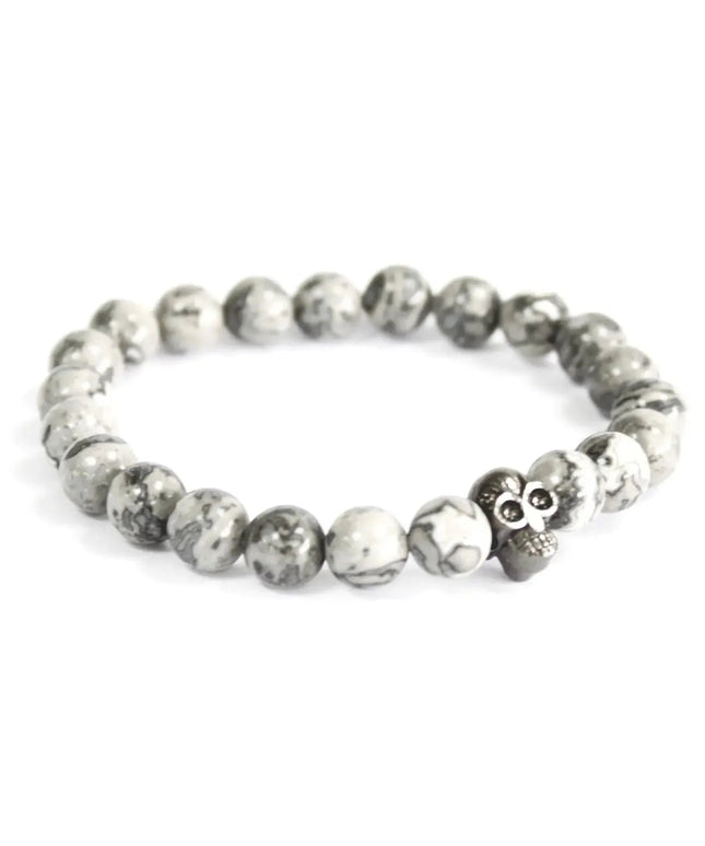 Pewter Skull / Grey Agate - Gemstone Bracelet - Bee my Gift