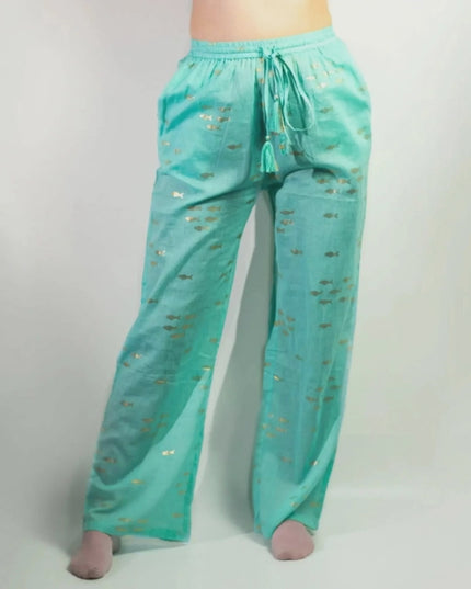 Video for (LXL) Nomad Sari On the Med Collection - Lounge Pants - Turquoise & Gold Fish Design