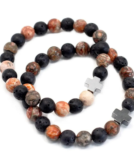 Set of 2 Gemstones Friendship Bracelets - Eternity - Leopard Skin Jasper & Lava Stone - Bee my Gift